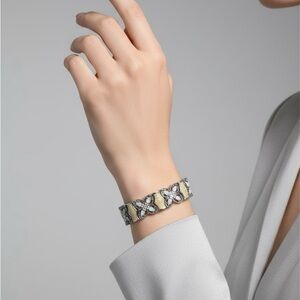 Vtg Mother of Pearl Bracelet Inlays Ornate Silver Tone Floral Rhinestone Panels